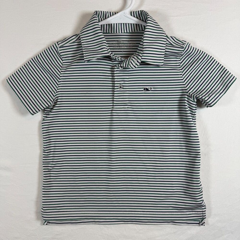Vineyard Vines Boys On The Go Sankaty Polo Striped Navy Green Size 5
